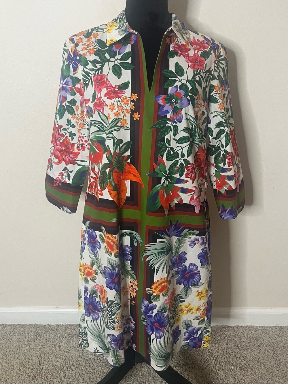 Etcetera Women’s Floral V~Neck 3/4 Sleeve Cotton Stretch Shift Dress Sz 6